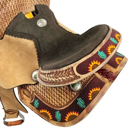 10" Double T Youth Hard Seat Barrel style saddle with cactus and sunflower beaded accents #2
